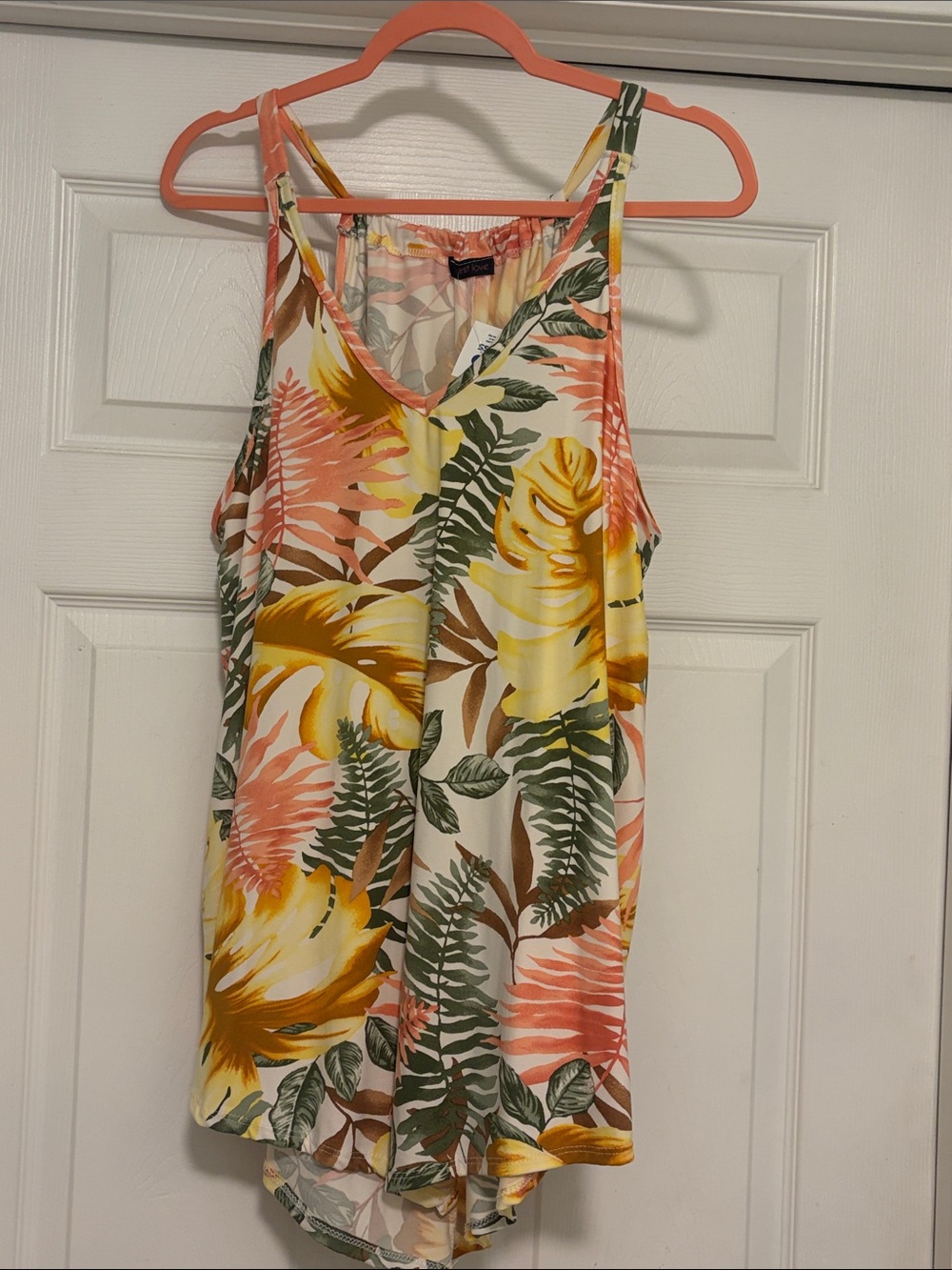 First Love Coral & Yellow Tropical Leaf Tank Top